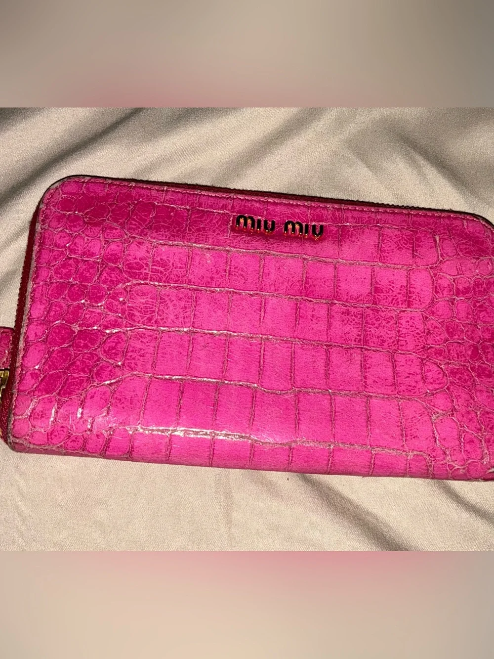 Miu Miu Croc-Embossed Zip Leather Continental Wallet in Fuchsia Pink